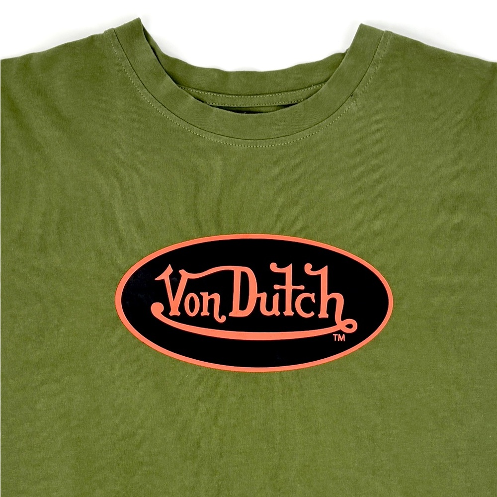Von Dutch Women’s Signature Screen Printed Graphic Army Green Crop Tee Size 3X